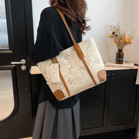Vintage Letter Print Tote Shoulder and Crossbody Bag With Mini Purse PU Leather Large Capacity Urban Commuter Handbag