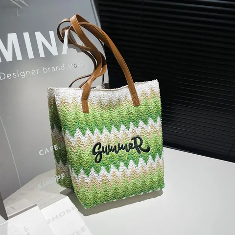 Sommer Stroh-Tote-Bag Gewebt Mit Zickzack-Muster Summer Buchstaben-Stickerei Große Kapazität Umhängetasche Damen