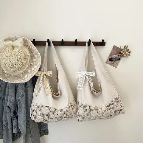 Women Large Capacity Canvas Tote Bag With Lace Flower Crochet Splicing Bow Decoration Summer Vacation Beach Shoulder Bag