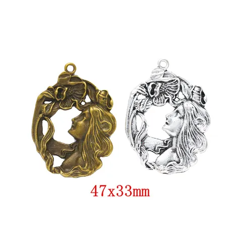 Vintage Art Nouveau Female Profile Flower Relief Alloy Pendant Antique Bronze Silver For DIY Jewelry Making Accessories