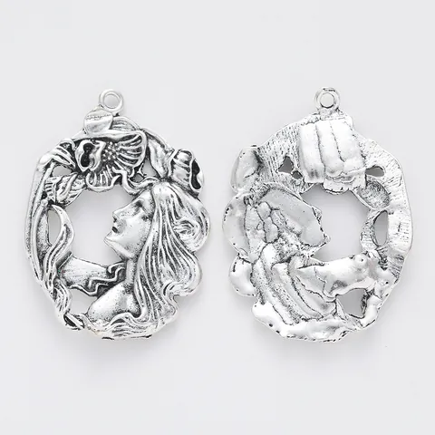 Vintage Art Nouveau Female Profile Flower Relief Alloy Pendant Antique Bronze Silver For DIY Jewelry Making Accessories