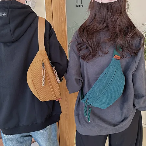 Retro Corduroy Waist Bag For Women Men Casual Chest Bag With Adjustable Strap Woven Zipper Pull Versatile Crossbody Bag