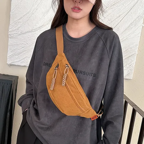 Retro Corduroy Waist Bag For Women Men Casual Chest Bag With Adjustable Strap Woven Zipper Pull Versatile Crossbody Bag