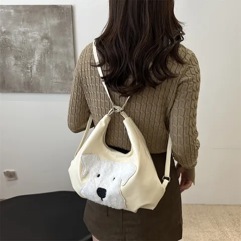 Bolso de Hombro para Mujer con Parche de Perro de Felpa Cuero PU Gran Capacidad Bolso Tote Casual Moda Diario