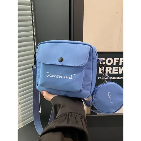 Women Cute Japanese Casual Nylon Crossbody Bag And Round Coin Purse Small Square Shoulder Bag Dachshund Letter Print Daily Handbag