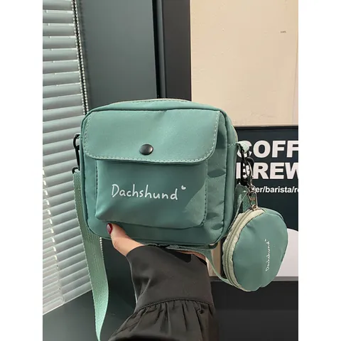 Women Cute Japanese Casual Nylon Crossbody Bag And Round Coin Purse Small Square Shoulder Bag Dachshund Letter Print Daily Handbag