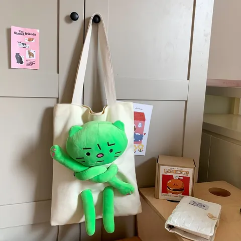 Women Cute Cartoon 3D Plush Cat Doll Canvas Tote Bag Large Capacity Casual Shoulder Handbag For Student School Girl Daily Use