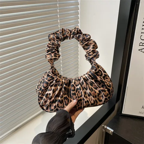 Sac Sous le Bras Froncé Imprimé Léopard Mode pour Femmes Sac à Épaule en Cuir PU Vintage Sac à Main pour Fête