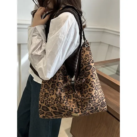Große Kapazität Leopardenmuster Wildlederimitat Einkaufstasche Damen Retro Hobo Schultertasche Mit Schleife Mode Handtasche