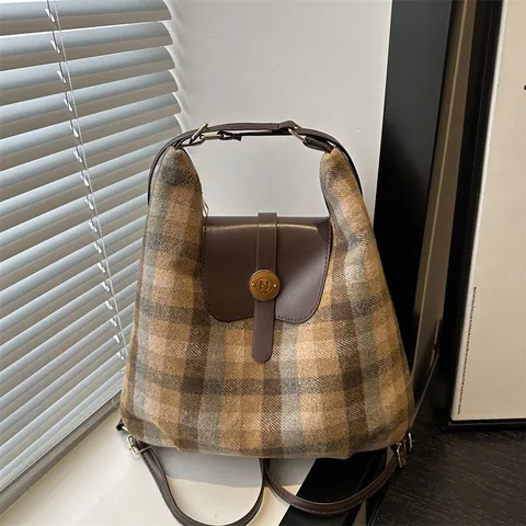 Bolso de Hombro de Cuadros Retro para Mujer Gran Capacidad Estilo Preppy Tote Handbag Bolso de Tela Versátil para Diario