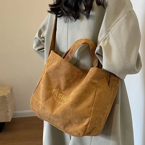 Damen Cordsamt Tragetasche Große Kapazität Schulter Umhängetasche Vintage Buchstabenstickerei Pendler Handtasche Herbst Winter