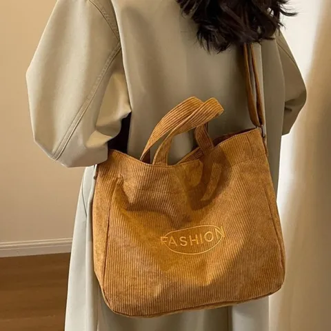 Damen Cordsamt Tragetasche Große Kapazität Schulter Umhängetasche Vintage Buchstabenstickerei Pendler Handtasche Herbst Winter