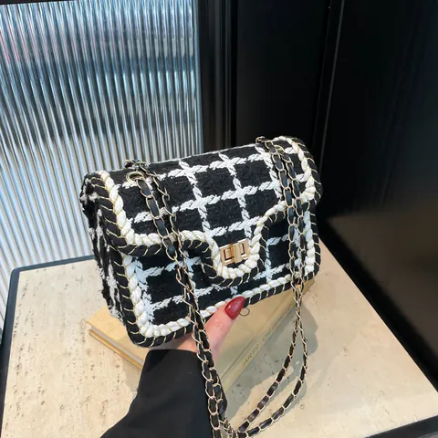Dames Elegante Tweed Geruite Crossbody Tas Metalen Kettingriem Vierkante Schoudertas Gouden Slot Messenger Bag Voor Dagelijks Daten Feest