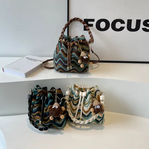 Women Bohemian Knit Wave Pattern Bucket Bag Drawstring Crossbody Shoulder Bag Vintage Colorblock Handbag With Braided Handle