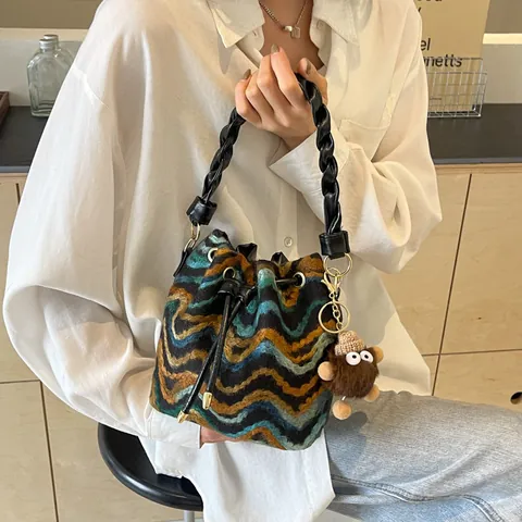 Women Bohemian Knit Wave Pattern Bucket Bag Drawstring Crossbody Shoulder Bag Vintage Colorblock Handbag With Braided Handle