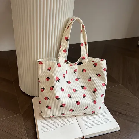 Women Fresh Literary Corduroy Tote Bag With Strawberry Print Korean Style Shoulder Handbag Soft Casual Travel Storage Bag