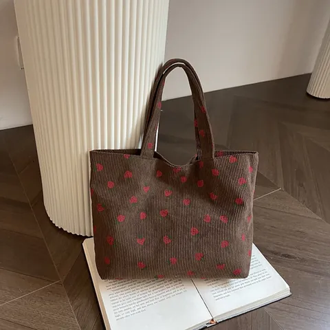 Women Fresh Literary Corduroy Tote Bag With Strawberry Print Korean Style Shoulder Handbag Soft Casual Travel Storage Bag