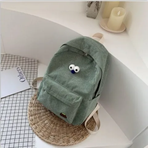 Women's Corduroy Backpack With Cartoon Eyes Design Literary Retro Style Large Capacity School Bag For Students Casual Daypack