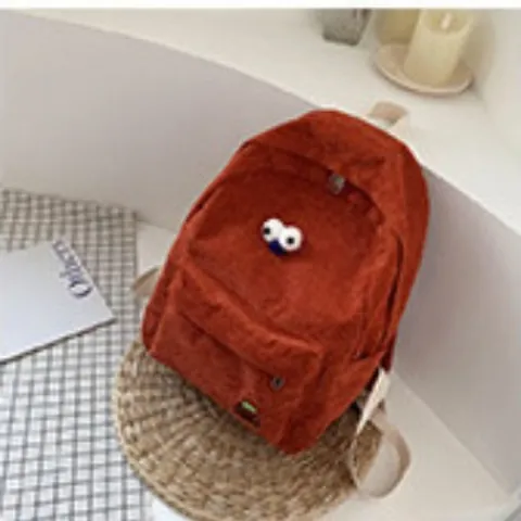 Women's Corduroy Backpack With Cartoon Eyes Design Literary Retro Style Large Capacity School Bag For Students Casual Daypack