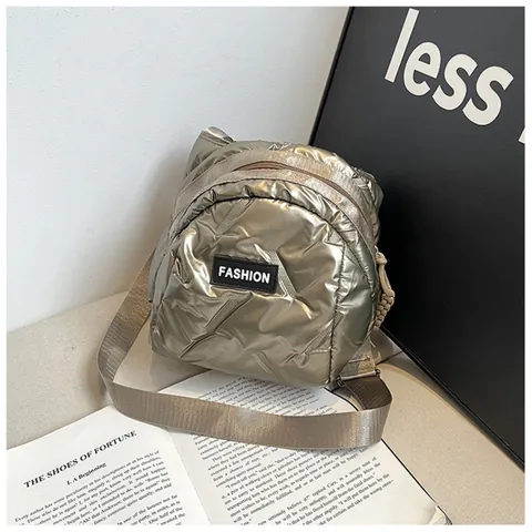 Women Quilted Metallic Puffer Crossbody Bag Space Cotton Padded Shoulder Bag Minimalist Fashion Tote For Commuting Daily
