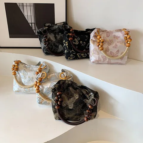 Nouveau Style Chinois Sac Sous le Bras en Satin avec Broderie Papillon Avec Poignée en Perles de Bois Sac à Épaule Rétro Femme