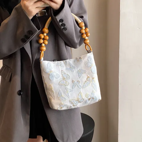 Nouveau Style Chinois Sac Sous le Bras en Satin avec Broderie Papillon Avec Poignée en Perles de Bois Sac à Épaule Rétro Femme