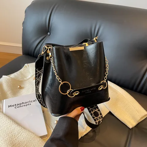 Borsa a Secchiello Grande Capacità Vintage per Donna Pelle PU Tracolla Monospalla alla Moda Borsa a Mano con Catena