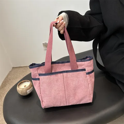 Women Corduroy Tote Bag Large Capacity Casual Shoulder Bag With Contrast Color Binding For Commuting School Daily Use