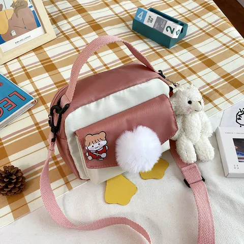 Cartoon Duck Shape Crossbody Bag For Women Nylon Cute Animal Patch Small Square Handbag With Fur Ball And Bear Charm