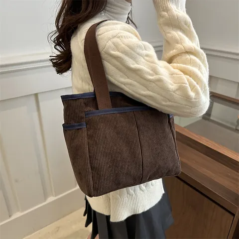 Women Corduroy Tote Bag Large Capacity Casual Shoulder Bag With Contrast Color Binding For Commuting School Daily Use