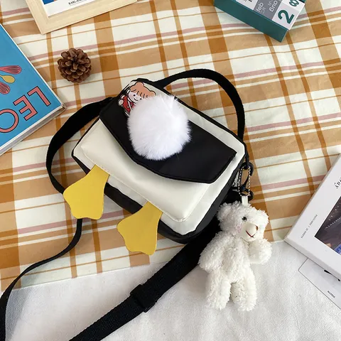 Cartoon Duck Shape Crossbody Bag For Women Nylon Cute Animal Patch Small Square Handbag With Fur Ball And Bear Charm