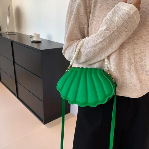 Bolso Bandolera de Cuero PU con Forma de Concha de Diseño de Nicho con Asa de Perlas Artificiales Bolso de Hombro de Moda para Mujer