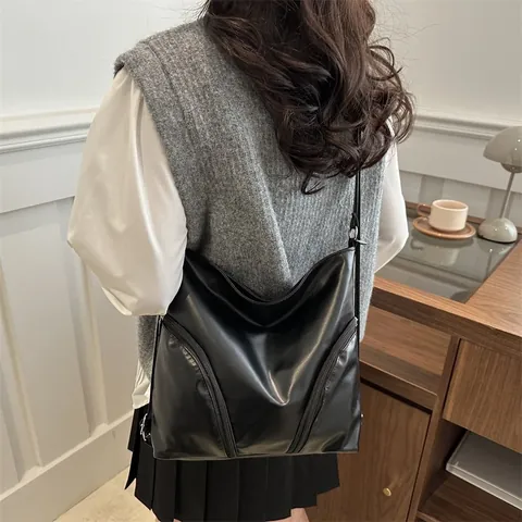 Bolso Tote de Moda para Mujer en Cuero de PU Suave Gran Capacidad Bolso de Hombro Casual Con Cremalleras Decorativas