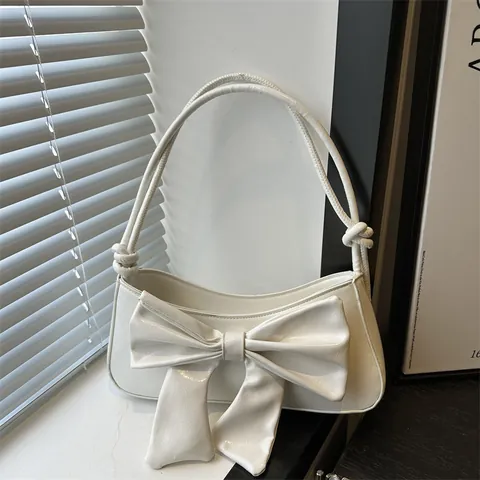 Borsa Sottobraccio da Donna in Pelle PU alla Moda con Grande Fiocco Lucida Tracolla Singola per Uso Quotidiano Festa Stile Dolce