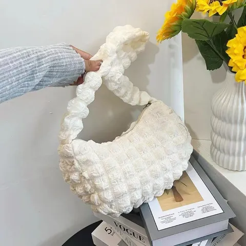 Borsa Sottobraccio Donna Trama Bolle Popcorn Tinta Unita Arricciata Mezzaluna Borsa Spalla Con Decorazione Distintivo Moda Borsa