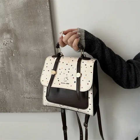 Fashion PU Leather Women Backpack Vintage Color Block Polka Dot Rabbit Print Handbag School Bag For Girls Daily Commute