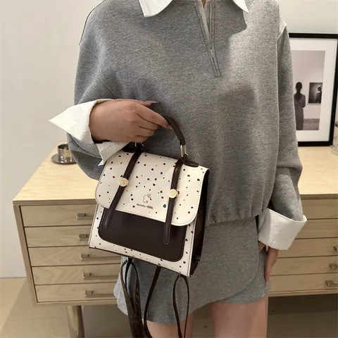 Fashion PU Leather Women Backpack Vintage Color Block Polka Dot Rabbit Print Handbag School Bag For Girls Daily Commute