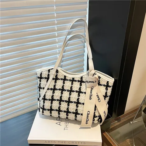 Damen Plaid Tweed Einkaufstasche Mit Band Elegante Schwarz Weiß Karomuster Schultertasche Stilvolle Pendeltasche