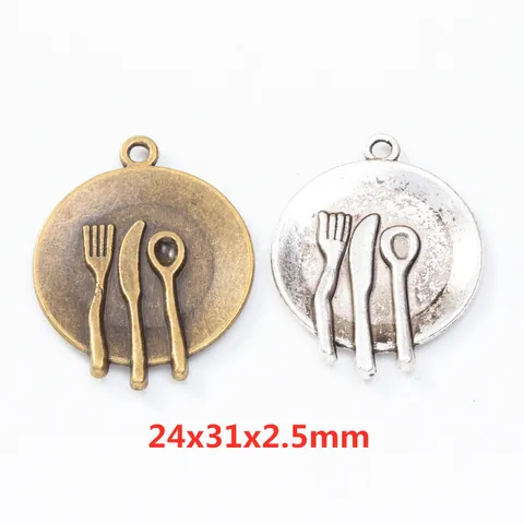 Vintage Zinc Alloy Tableware Pendant Round Plate With Knife Fork Spoon For DIY Jewelry Making Antique Silver Bronze Charms