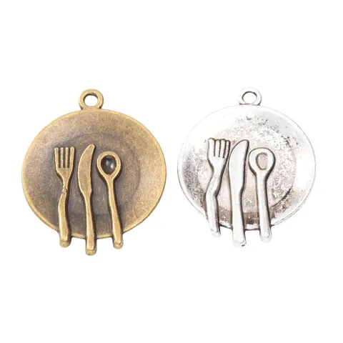 Vintage Zinc Alloy Tableware Pendant Round Plate With Knife Fork Spoon For DIY Jewelry Making Antique Silver Bronze Charms