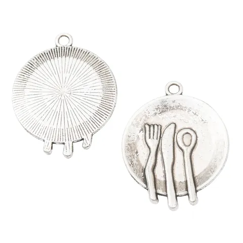 Vintage Zinc Alloy Tableware Pendant Round Plate With Knife Fork Spoon For DIY Jewelry Making Antique Silver Bronze Charms