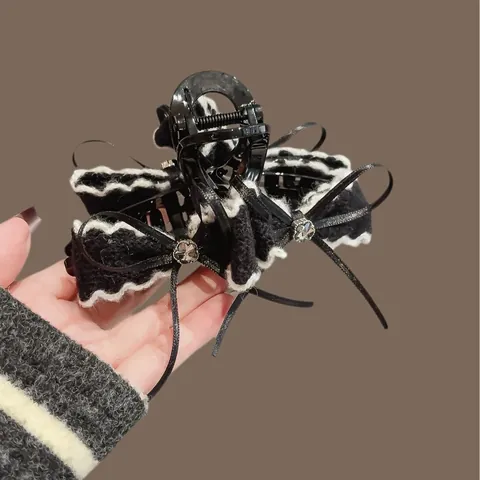 Grande Molletta per Capelli con Fiocco in Strass Vintage Nero Bianco Tessuto a Maglia Clip Elegante Accessori per Donna
