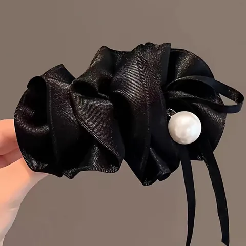 Elegante Molletta per Capelli in Raso Nero con Volants e Grande Perla Artificial Sintetica Stile Coreano Vintage per Donna
