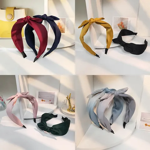 Solid Color Satin Bow Headband Wide Side Knotted Hair Band For Women Girls Korean Style Elegant Sweet Hair Accessories