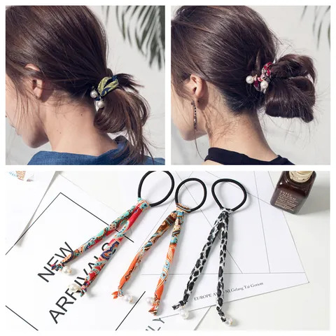 Elegant Satin Ribbon Bow Hair Tie Artificial Pearl Decor Elastic Hair Band Polka Dot Paisley Pattern For Women Girls Hair Accessories
