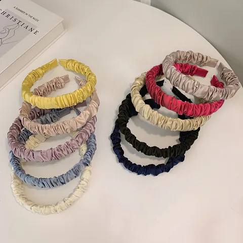 French Style Vintage Ruched Satin Wide Brim Headband For Women Solid Color Elegant Hair Hoop Accessories Headwear Gift