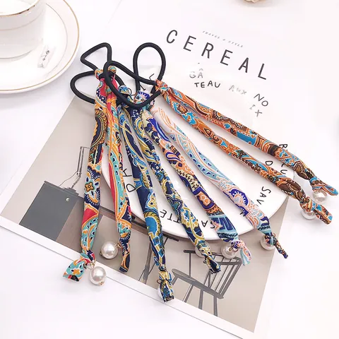 Elegant Satin Ribbon Bow Hair Tie Artificial Pearl Decor Elastic Hair Band Polka Dot Paisley Pattern For Women Girls Hair Accessories