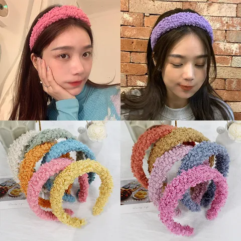 Korean Style Handmade Plush Lamb Wool Wide Headband Solid Color Soft Thickened Teddy Fleece Hair Band Women Hair Accessories
