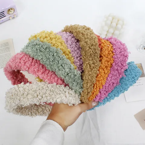 Korean Style Handmade Plush Lamb Wool Wide Headband Solid Color Soft Thickened Teddy Fleece Hair Band Women Hair Accessories