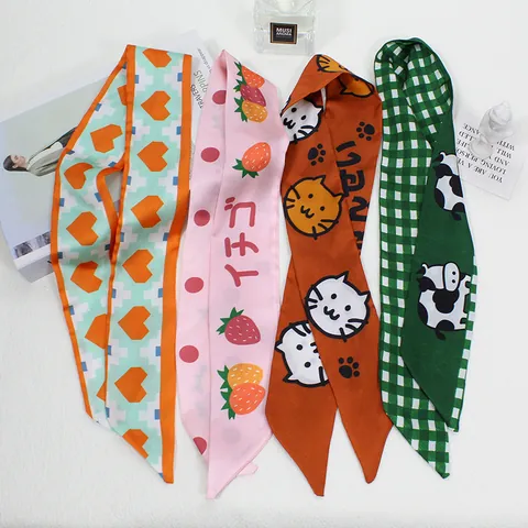 Korean Style Satin Hair Scarf For Women Girls Cute Strawberry Heart Cow Print Ribbon Hair Tie Headband Silk Feel Twilly Scarf